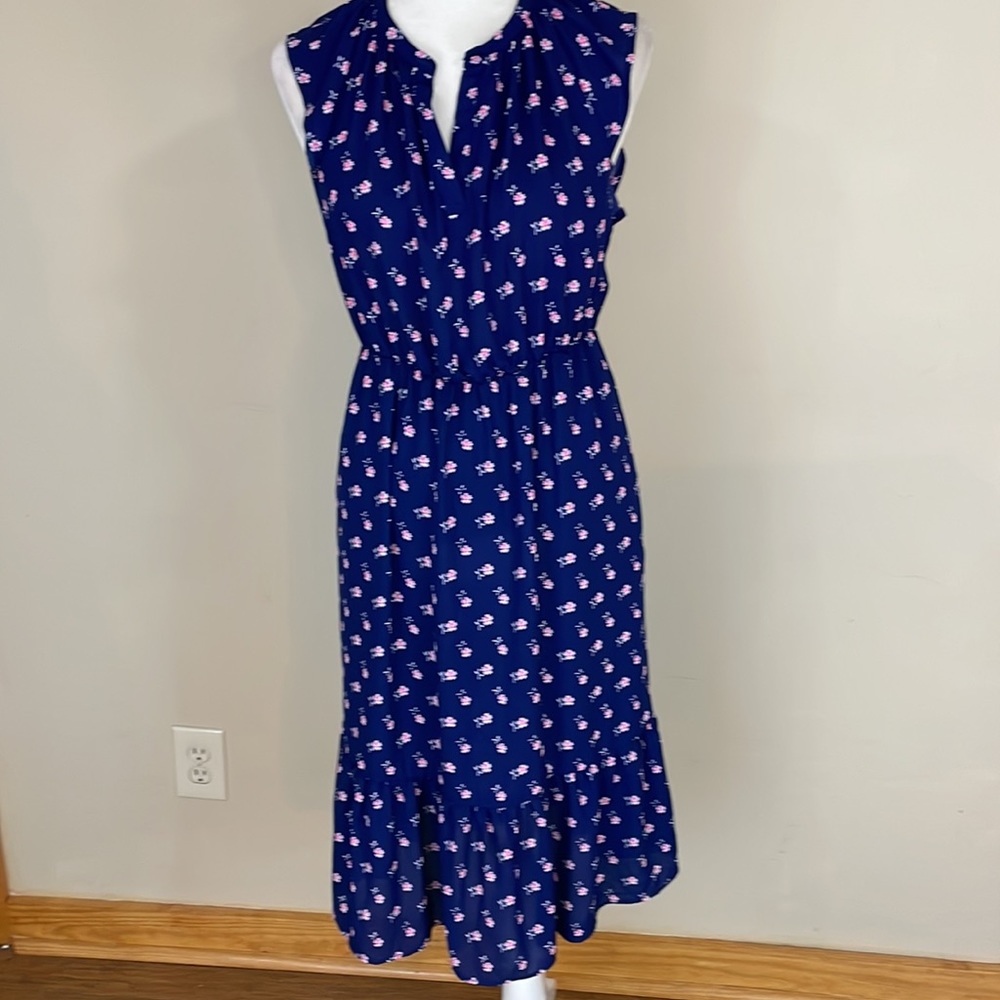 J Crew Sleeveless Navy and Pink Floral Dress with Bottom Ruffle XS